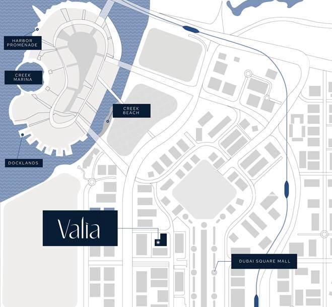 Valia location map at Dubai Creek Harbour showing Creek Beach, Creek Marina, Docklands and Dubai Square Mall